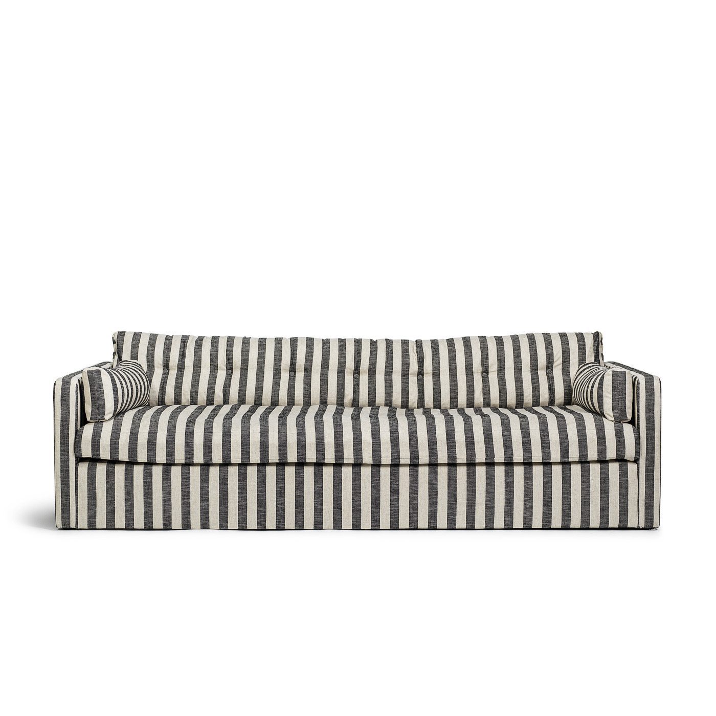 Dahlia Grande 3-Sitssoffa Randig är en djup och bekväm soffa i linne med svarta ränder från Melimeli